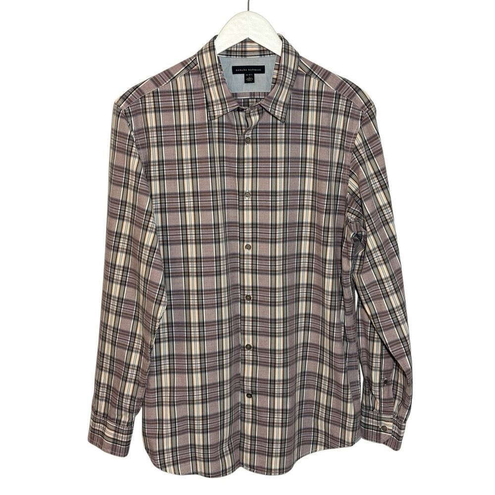 Banana Republic tan and black plaid cotton button down shirt - L